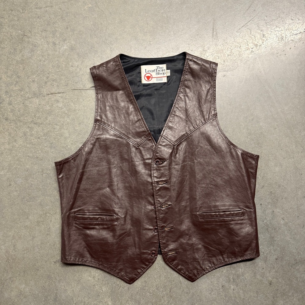 Vintage Sears The Leather Shop Men 44 Burgundy Leather Western Biker Vest 3932